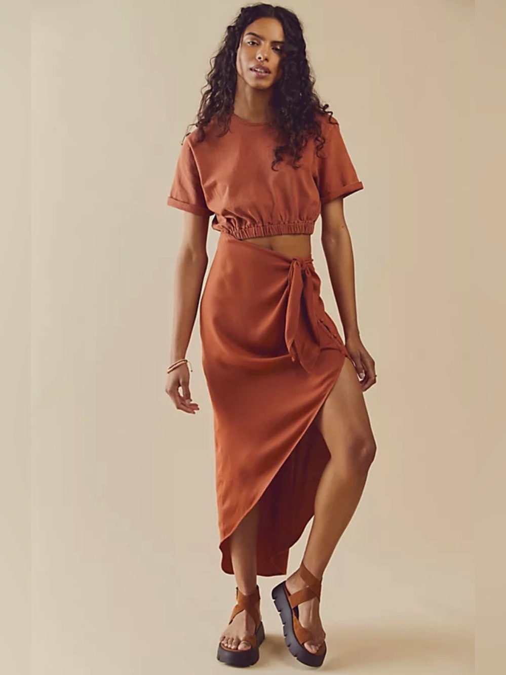Rust Wrap Midi Skirt with Side Tie and Top